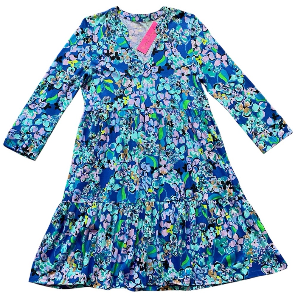 đź’™Lilly Pulitzer Alaina 3/4 Sleeve Tiered Swing Dress Blue Grotto Twilight Tropic - Picture 4 of 15